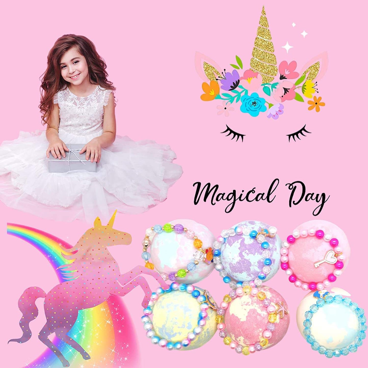 Unicorn Bath Bombs with Surprise Bracelets Jewelry Inside for Kids Girls Birthday Gifts