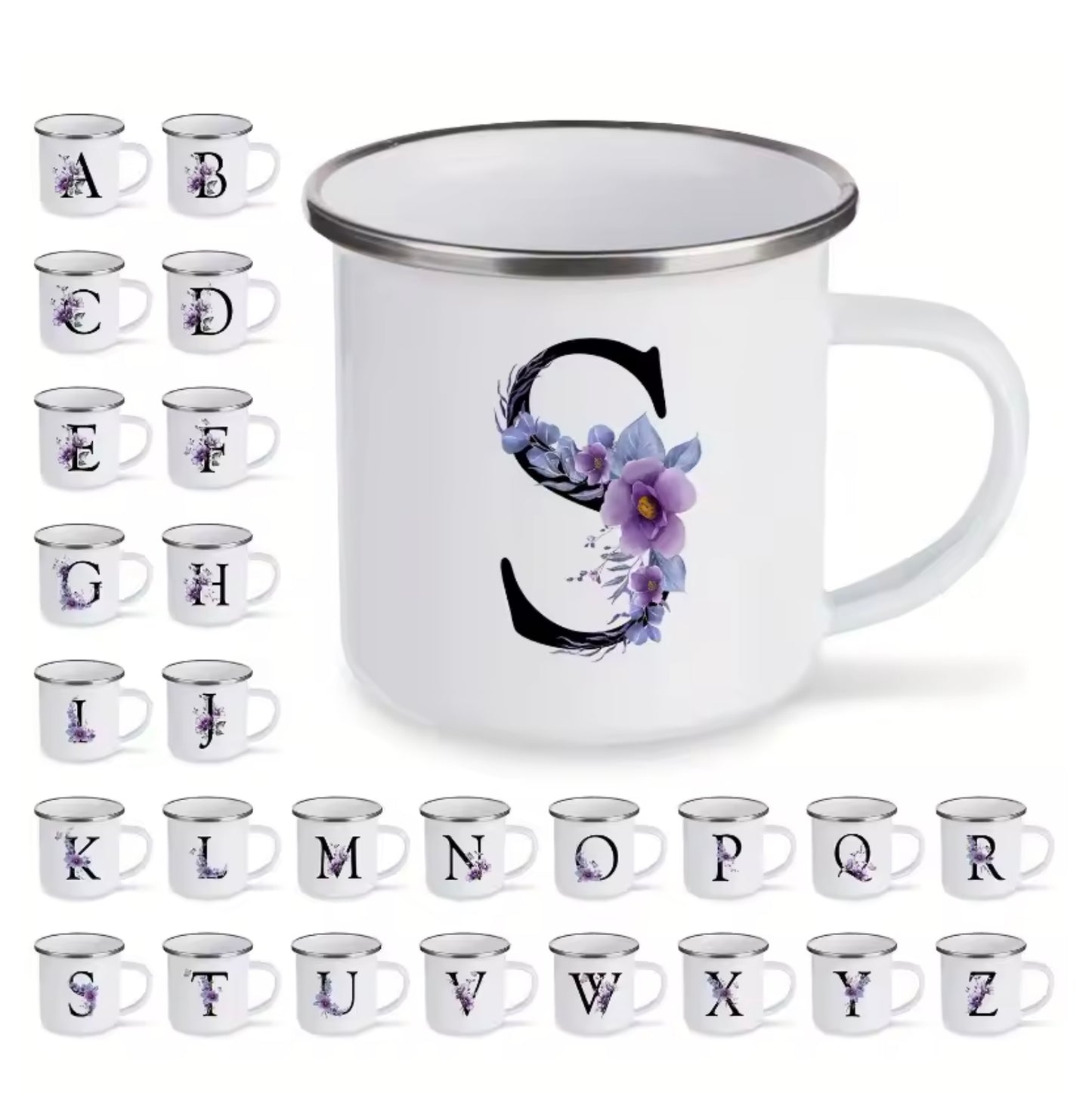 350ml Floral Alphabet Enamel Mug β Portable Camping & Travel Coffee Cup, Drinkware Gift & Decor