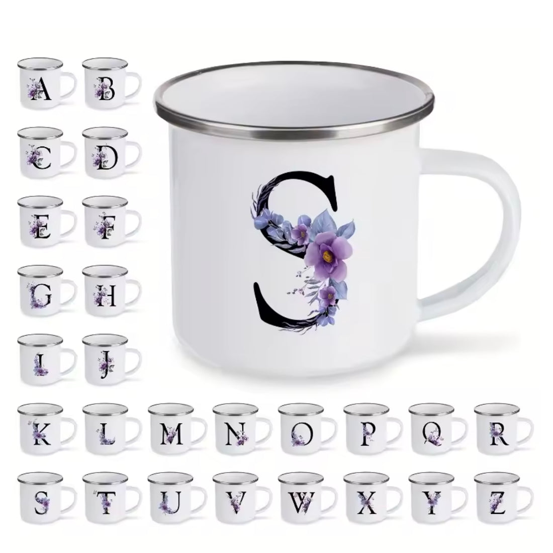 350ml Floral Alphabet Enamel Mug – Portable Camping &amp; Travel Coffee Cup, Drinkware Gift &amp; Decor